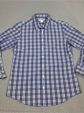 Mizzen+Main Blue and White Plaid Dress Shirt Men’s Large Trim Cut Stretch